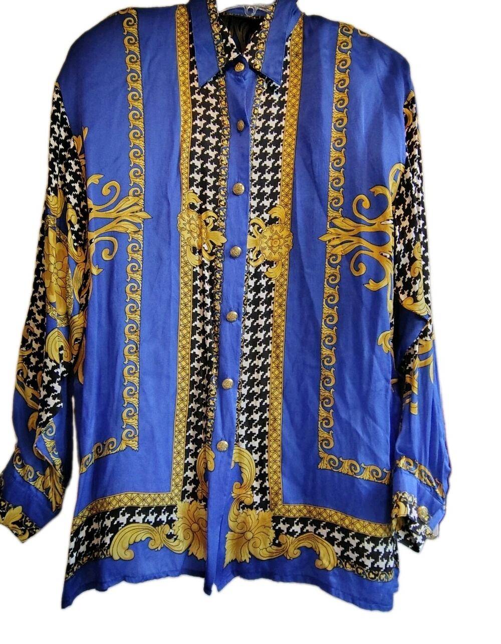 VTG 80s 90s Aris A 100% Silk Baroque Houndstooth Blouse L Royal Blue Gold...